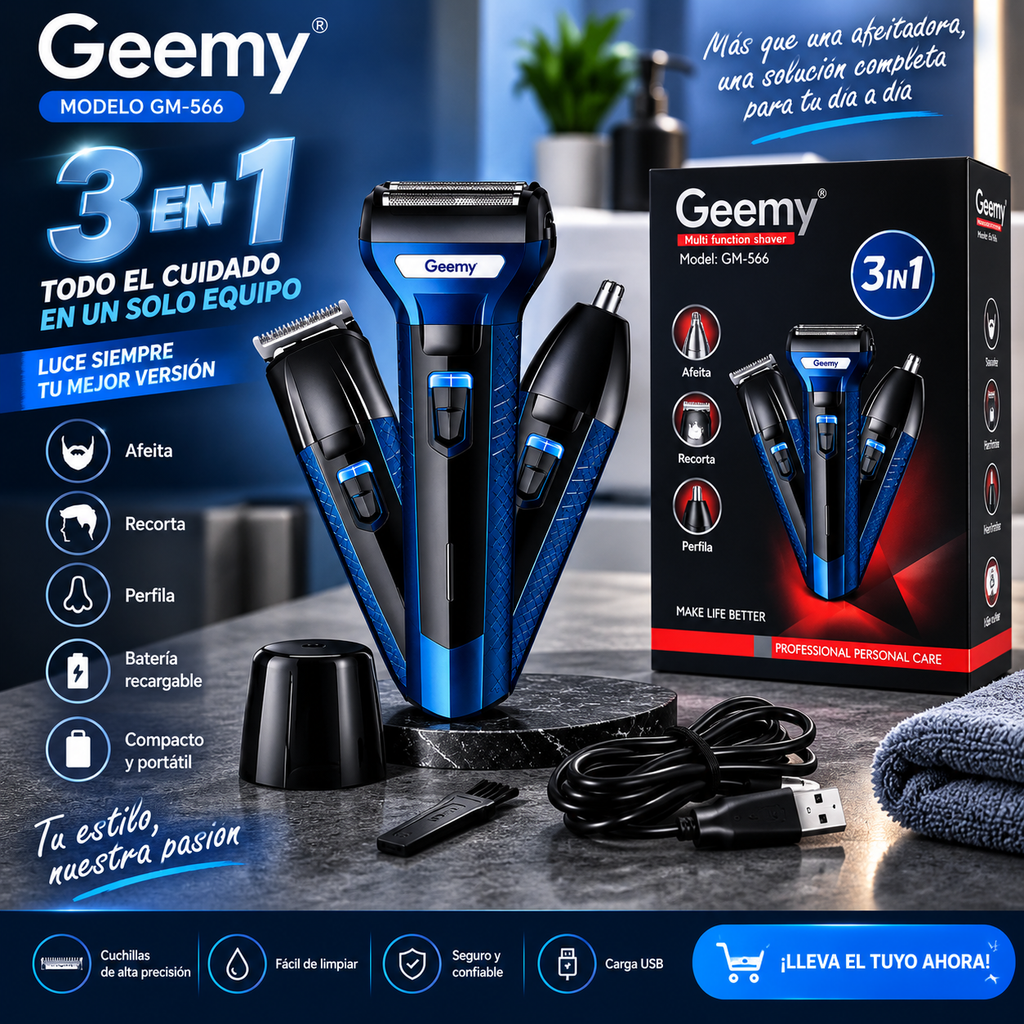¡🪒✨ Afeitadora Eléctrica Geemy GM-566 3 en 1 | Afeita, Recorta y Perfila
