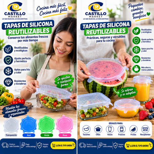 🛒✨ Tapas de Silicona Reutilizables x6 – Ajuste Hermético| ¡Cocina Más Fácil y Organizada! 💙💚🩷