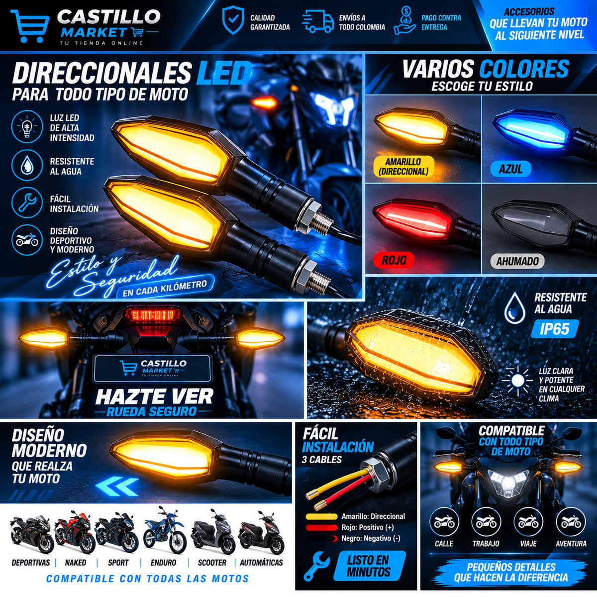 🏍️ Direccionales LED para Moto – Alta Visibilidad y Estilo Deportivo 💙